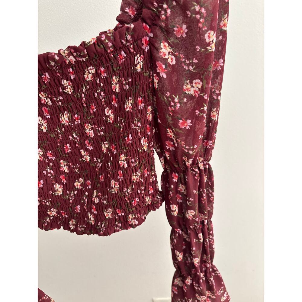 Wild Fable Floral Smocked Crop Top XS Burgundy Long Sleeve Cottagecore Blouse - Picture 4 of 12
